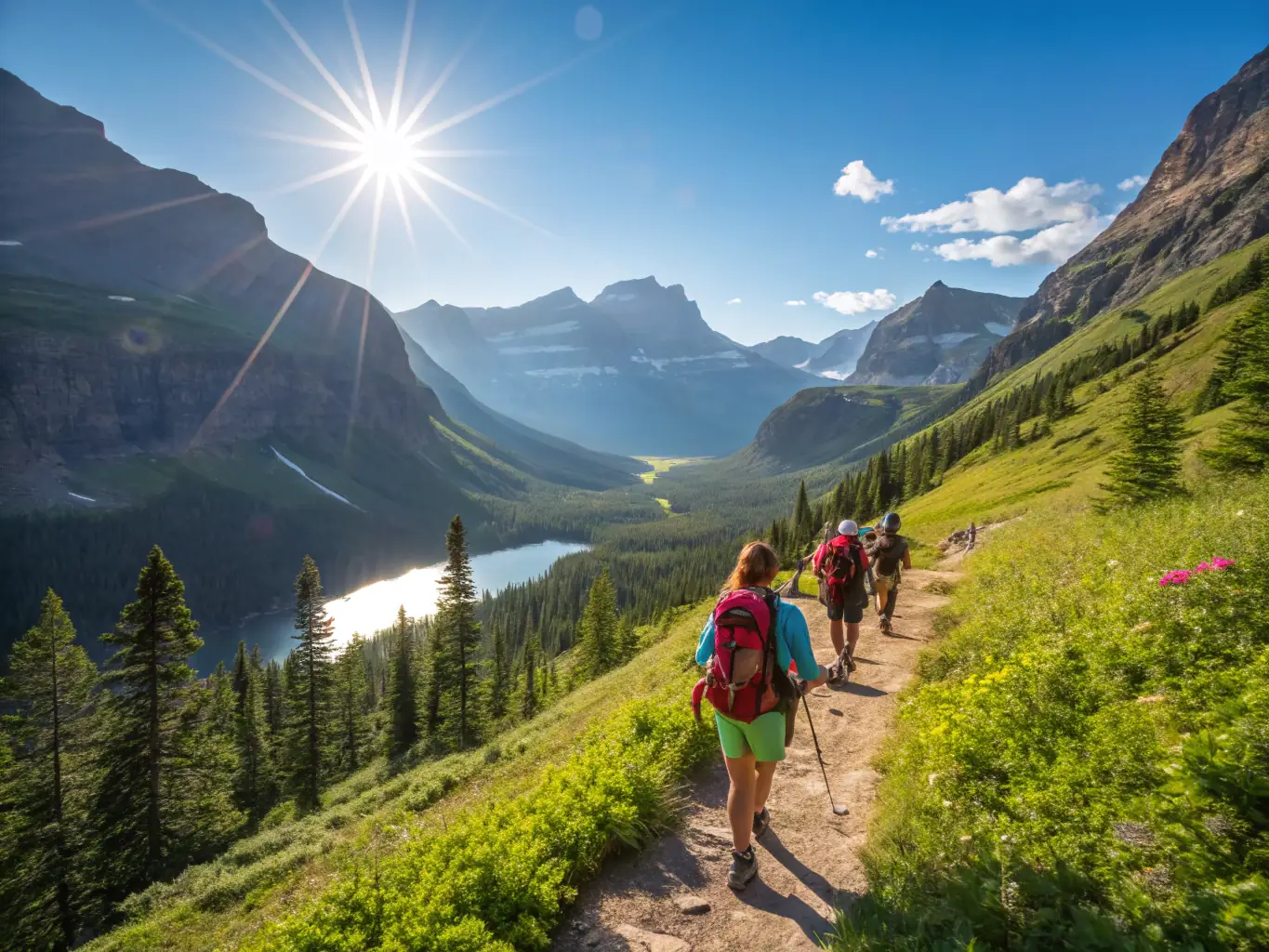 A group of hikers of varying ages and fitness levels are shown laughing and enjoying a scenic overlook during a guided hike in the Sumene region. The sun is shining, and the landscape is vibrant with greenery.