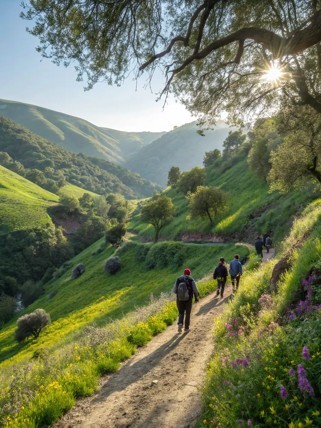 A photograph of a group of hikers traversing a moderately challenging trail in the Sumène region, showcasing diverse age groups and smiling faces, under a clear blue sky.