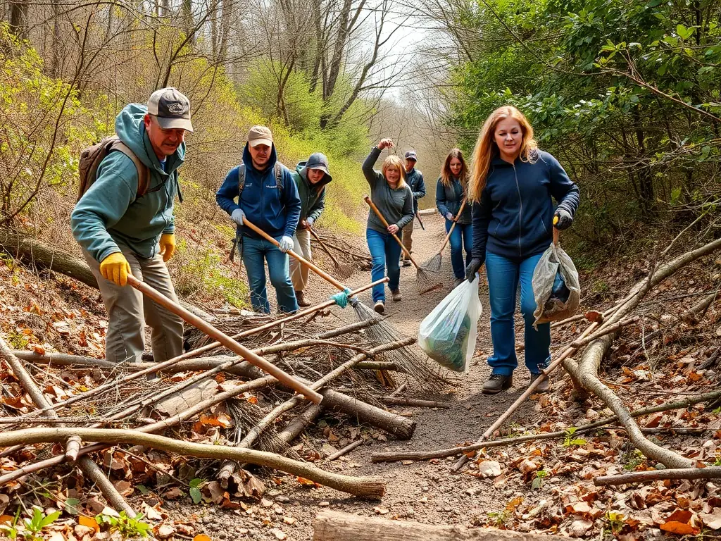 A photograph of volunteers clearing a hiking trail, removing debris and ensuring the path is safe and accessible, representing the organization's commitment to environmental conservation.