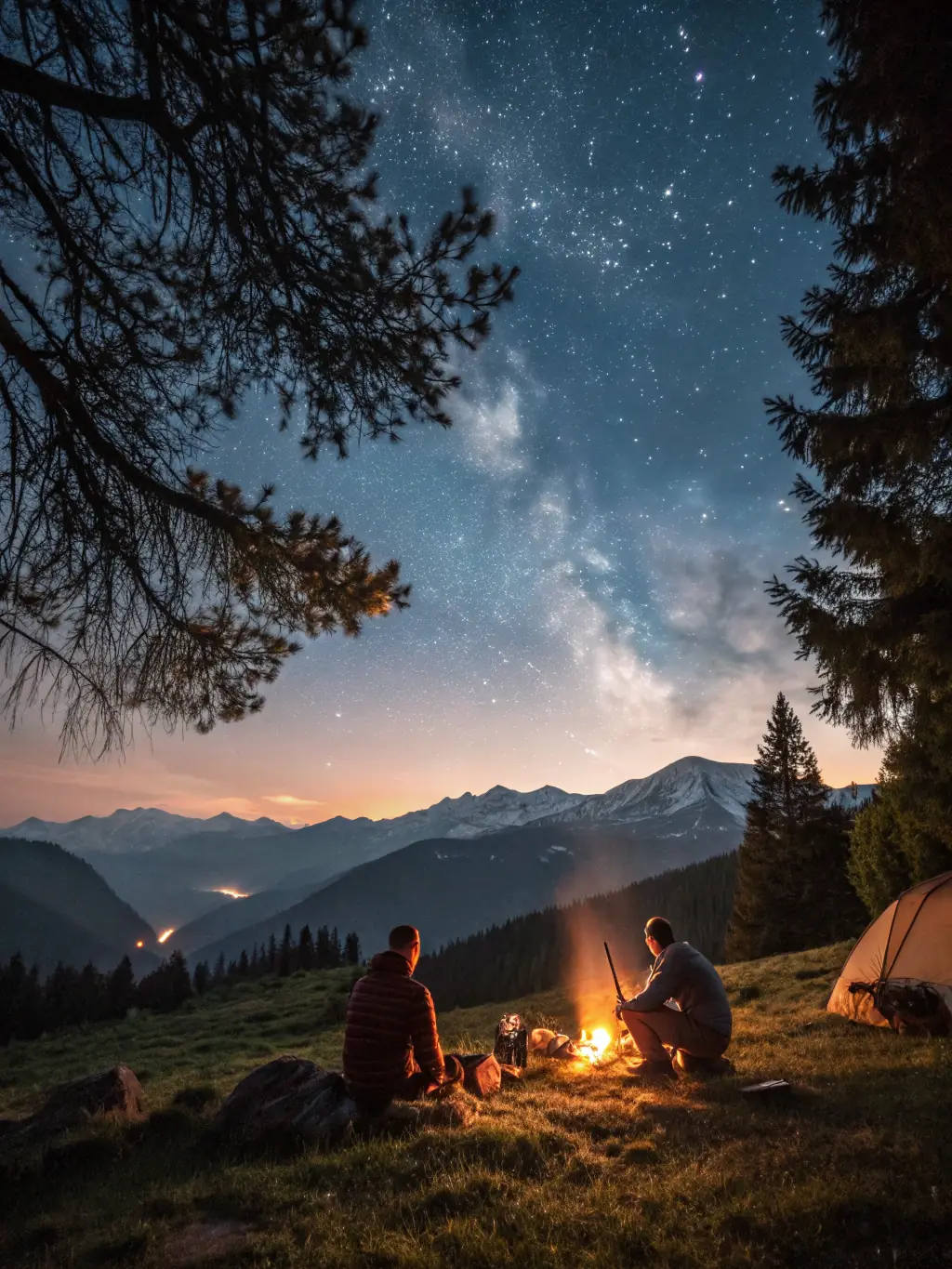 An image of hikers resting by a serene lake during a multi-day hiking trip, with tents pitched nearby and the sun setting in the background.