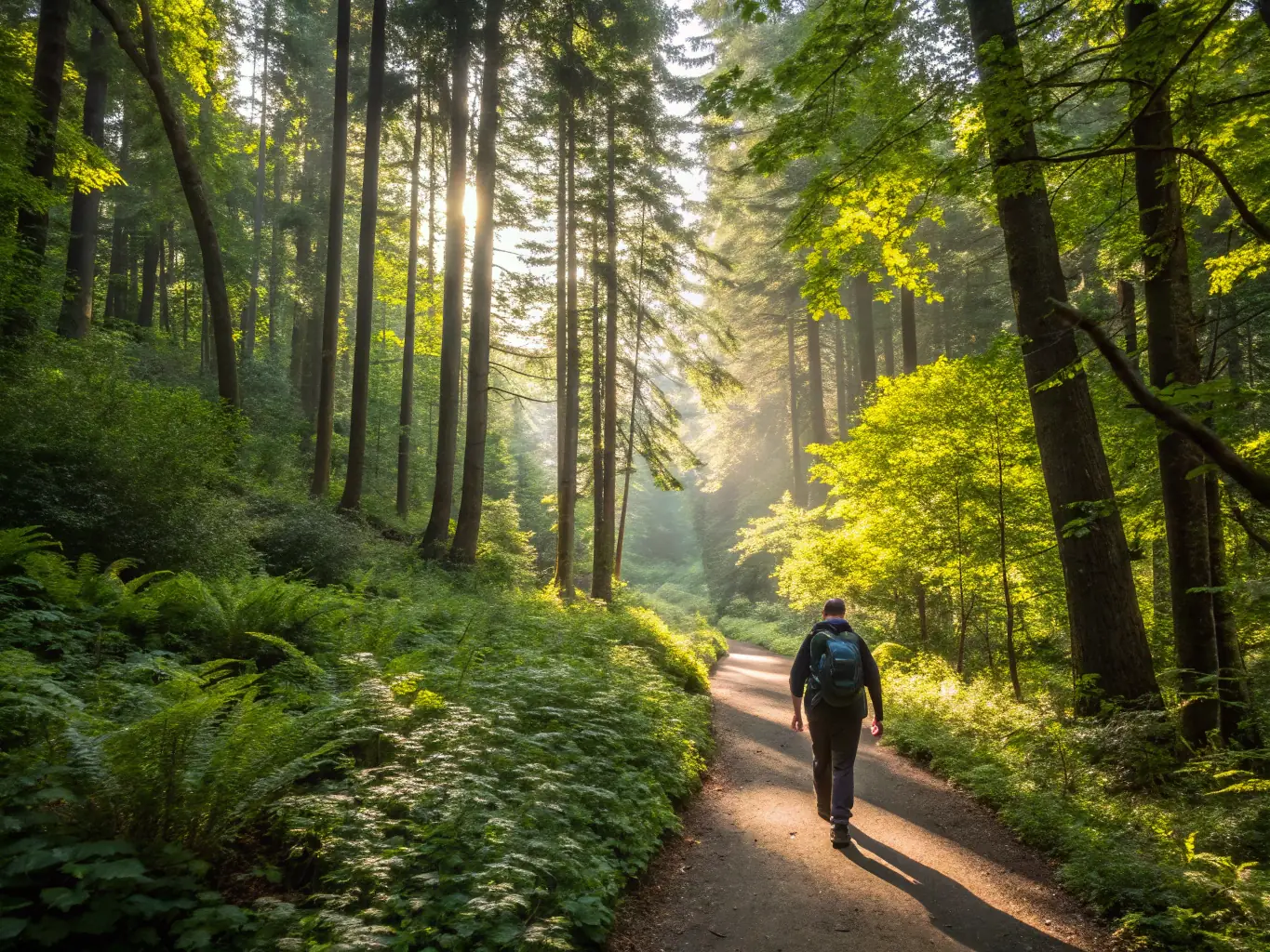 A serene image depicts a solo hiker practicing mindful walking on a peaceful forest trail in the Sumene region. The sunlight filters through the trees, creating a calming atmosphere. The hiker appears relaxed and focused on the present moment.