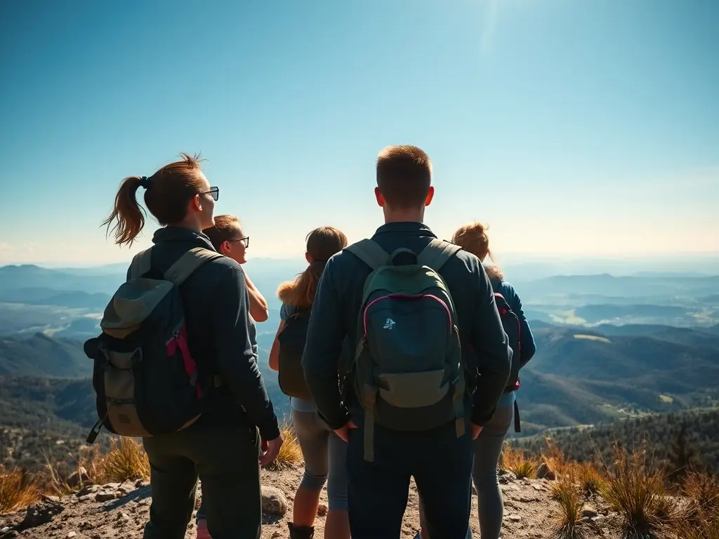 A vibrant image of a group of hikers laughing and enjoying a scenic overlook during a LES MARCHEURS DE LA SUMENE guided tour, showcasing the social and joyful aspect of hiking.
