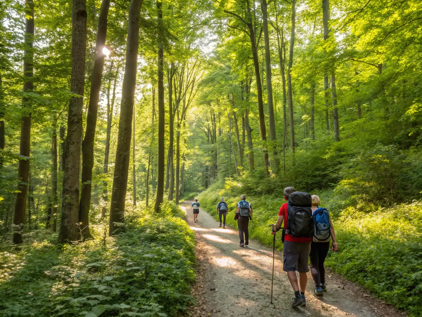 A group of hikers are walking along a well-maintained trail through a lush forest, sunlight filtering through the trees, showcasing a typical guided hike offered by LES MARCHEURS DE LA SUMENE.