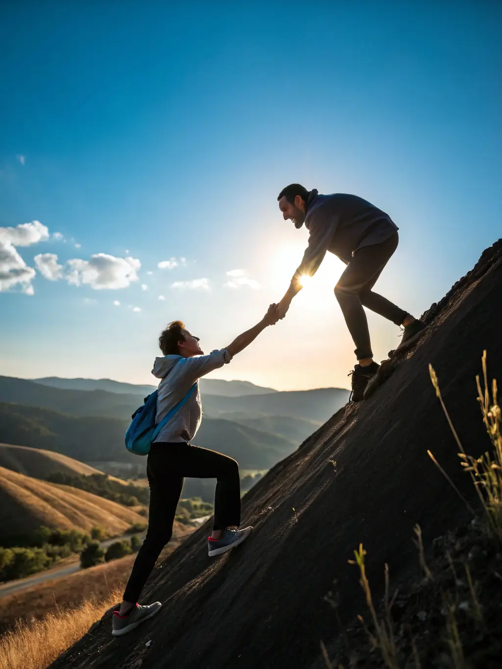 A close-up shot of a seasoned hiker assisting another hiker over a rocky section of a steep mountain trail, emphasizing teamwork and support.