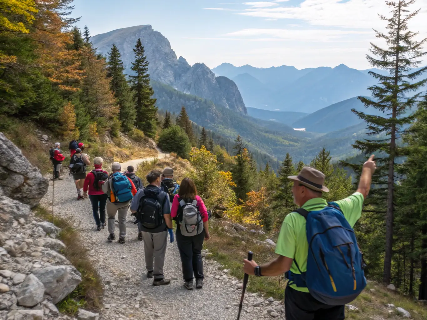 A group of hikers are gathered around a map, planning their route and discussing safety precautions, highlighting the educational aspect of LES MARCHEURS DE LA SUMENE's programs.