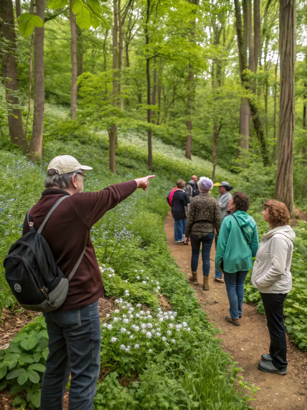 A photo of a guide pointing out local flora to a group of hikers on a nature trail, emphasizing the educational aspect of the hike.