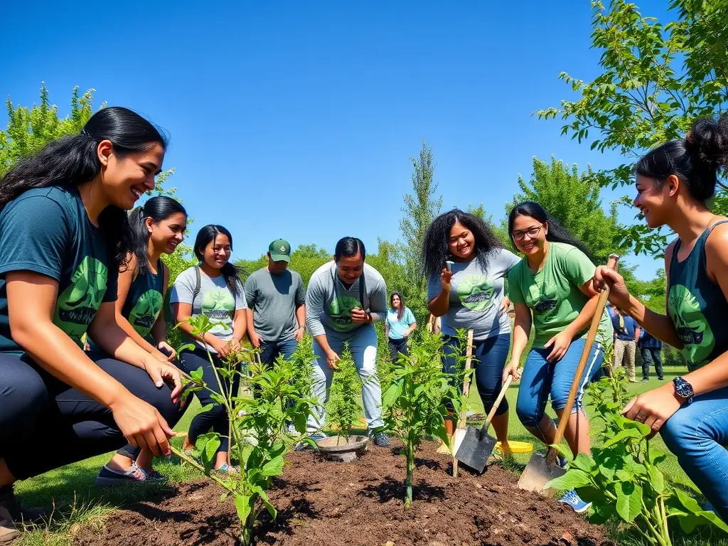 A group of volunteers participating in a trail maintenance activity, clearing debris and planting trees. The image conveys a sense of community involvement and environmental stewardship.