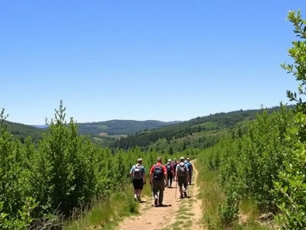 A group of hikers traversing a scenic mountain trail, with lush greenery and clear blue skies in the background. The hikers are of varying ages and fitness levels, symbolizing inclusivity.